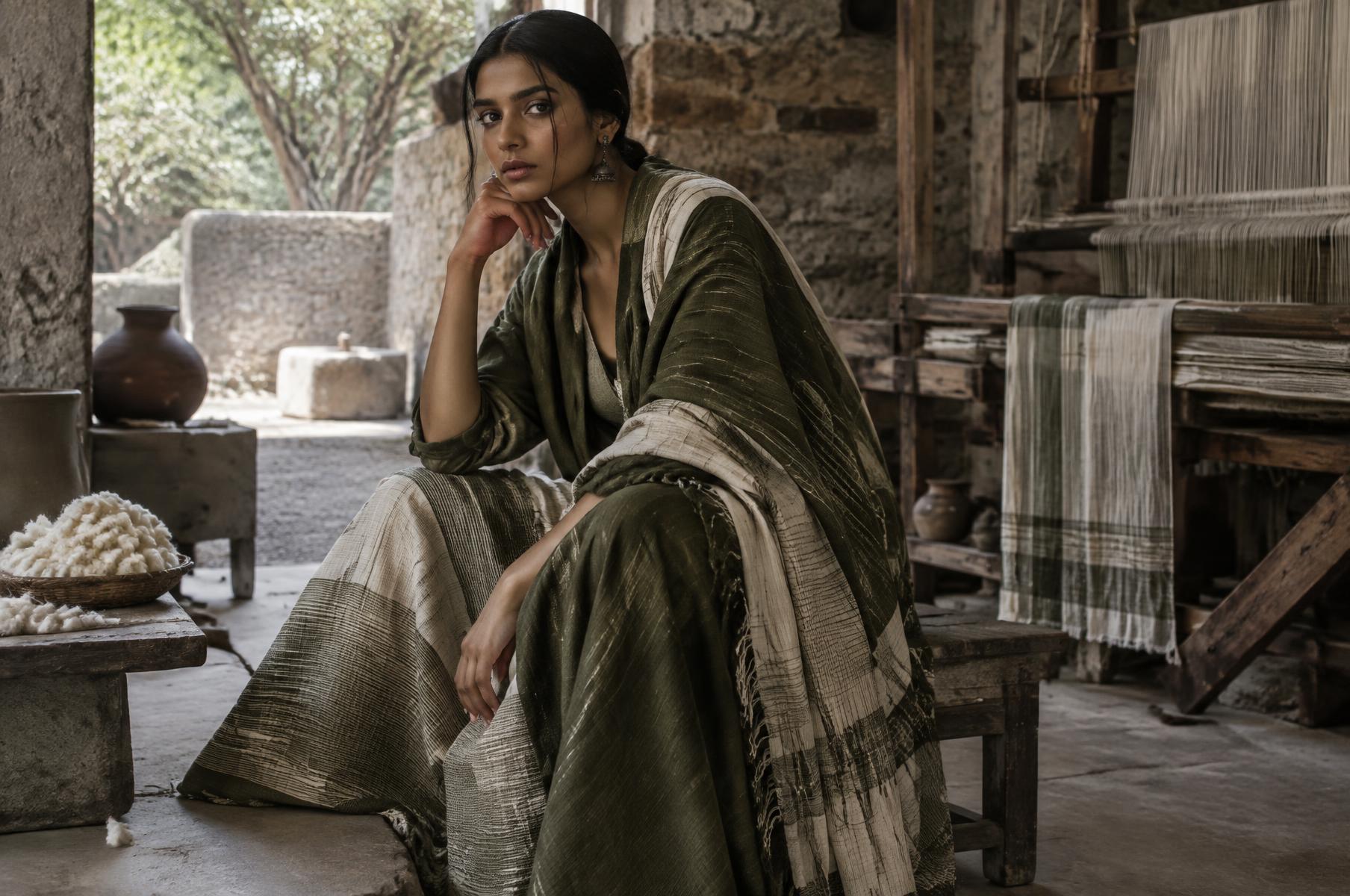 Model wearing handwoven textiles in an artisan studio
