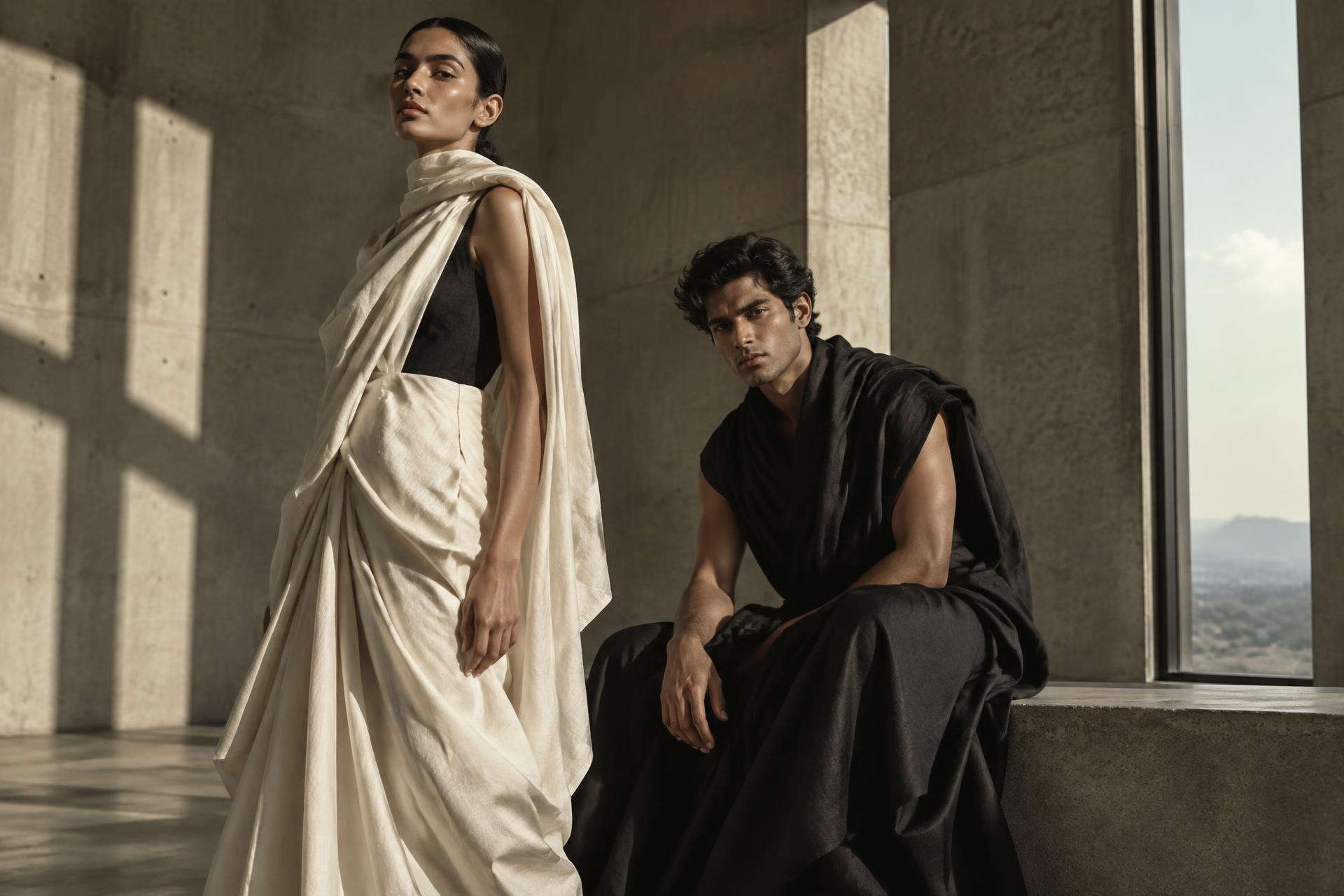 Two models in contemporary draped silhouettes